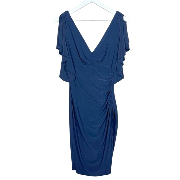 Lauren Ralph Lauren Navy Blue Flutter Sleeve Ruched Jersey Stretch Dress Slit - Picture 1 of 9